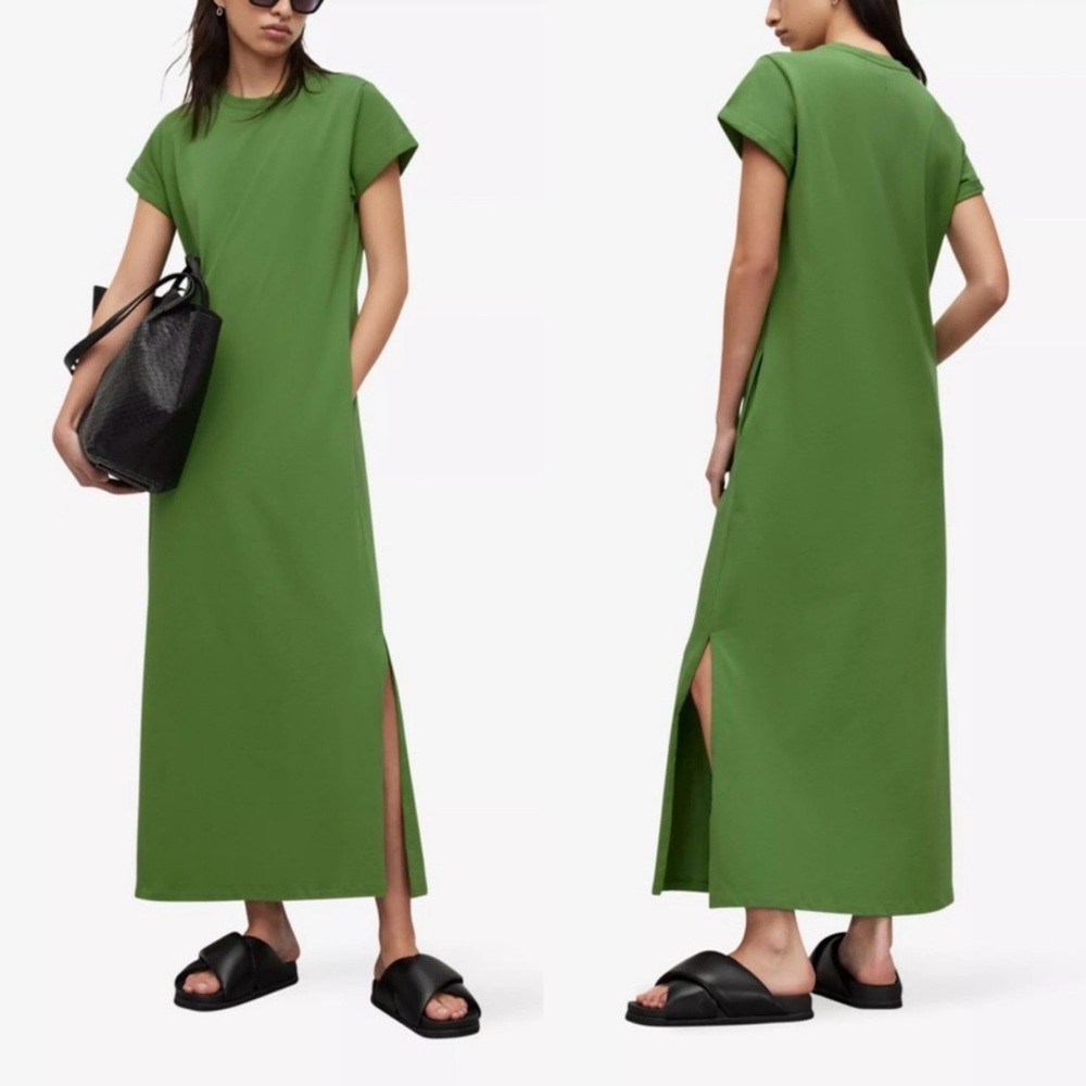 All Saints Ana Cotton Cactus Green Maxi Dress Thick Cotton Relax Fit Sz 6